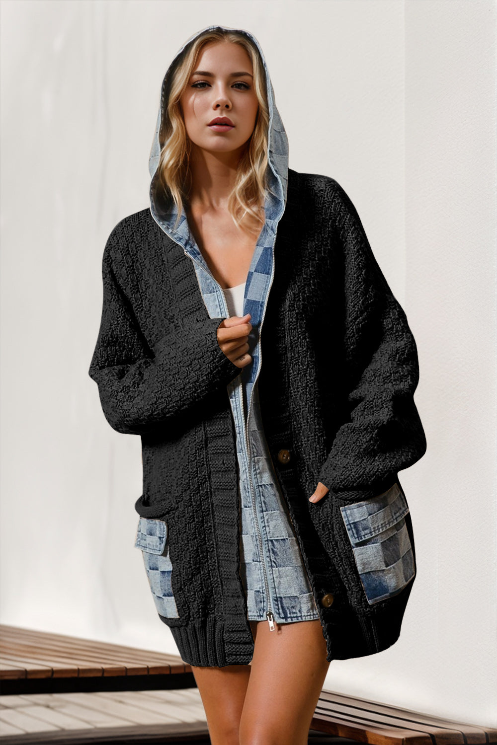 Hooded Denim Spliced Sweater Cardigan(Multiple Colors) – Curvy